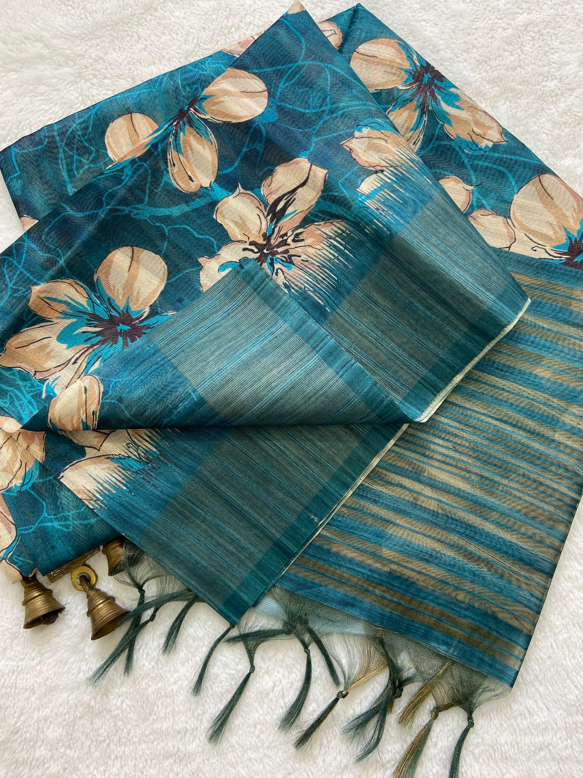 Teal Blue Tussar Silk Blossom Print Saree