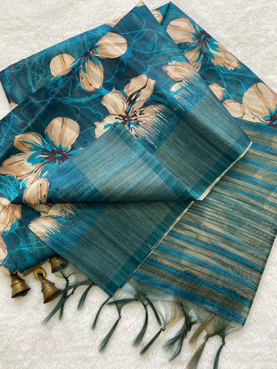 Teal Blue Tussar Silk Blossom Print Saree