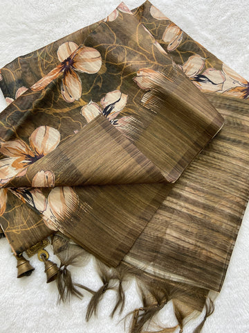 Mehendi Green Tussar Silk Blossom Print Saree