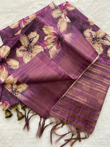 Plum Tussar Silk Blossom Print Saree