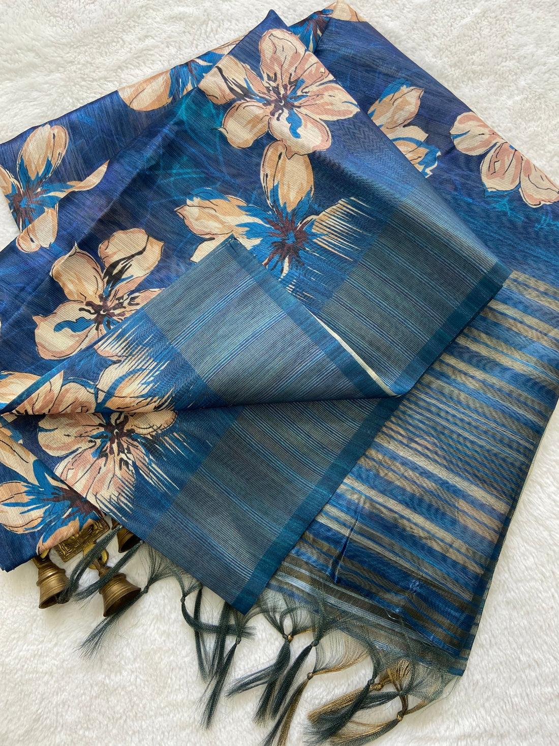 Royal Blue Tussar Silk Blossom Print Saree