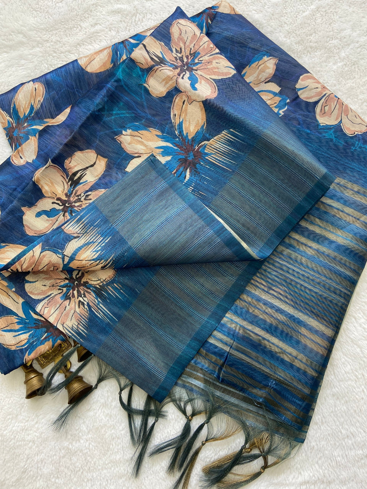 Royal Blue Tussar Silk Blossom Print Saree