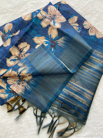 Royal Blue Tussar Silk Blossom Print Saree