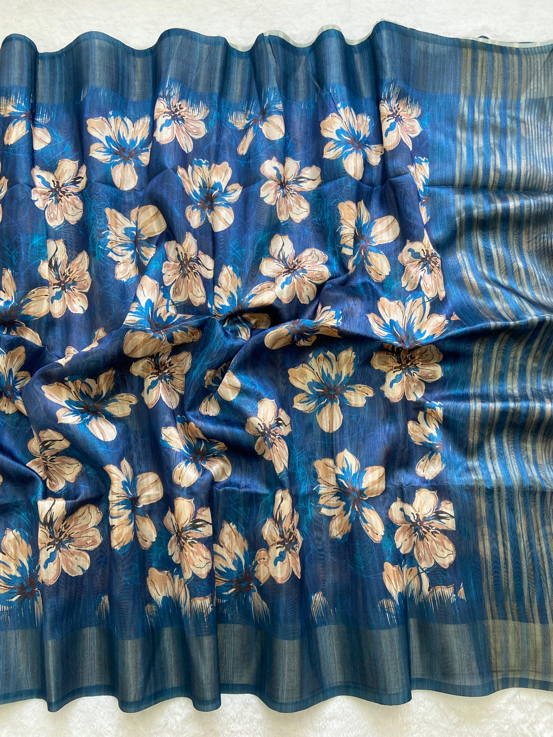 Royal Blue Tussar Silk Blossom Print Saree