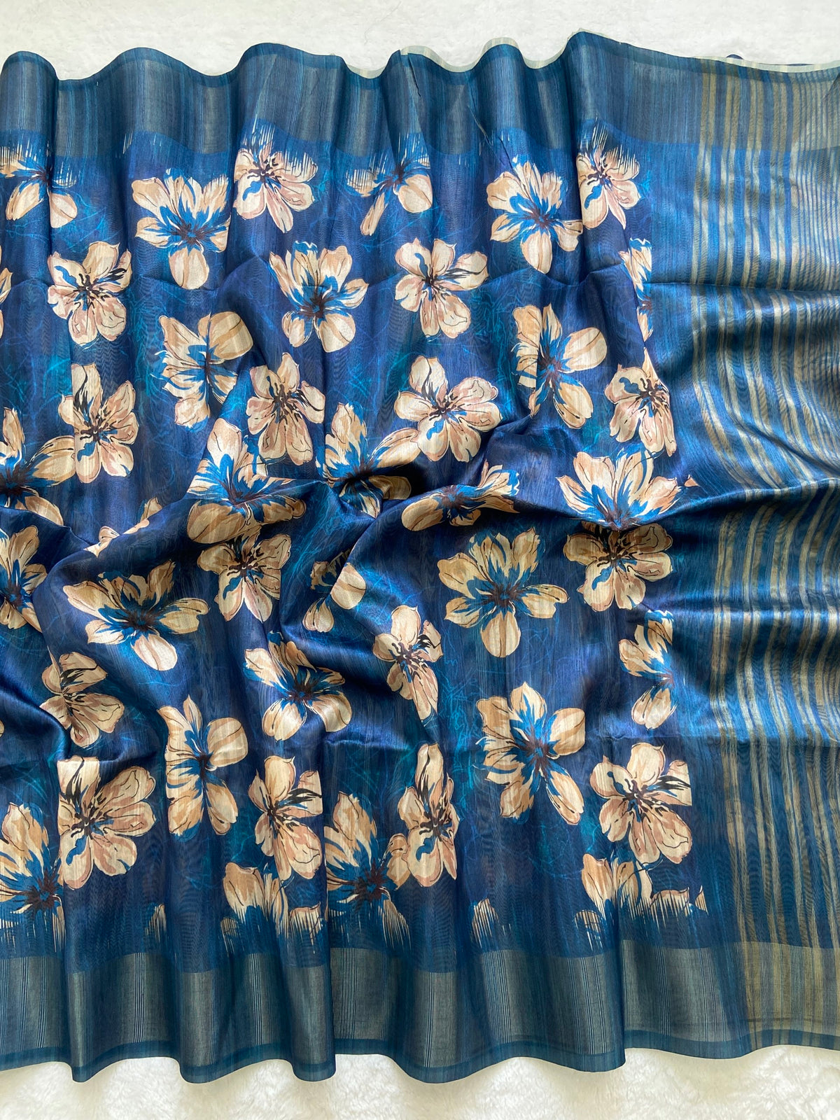 Royal Blue Tussar Silk Blossom Print Saree, view 2