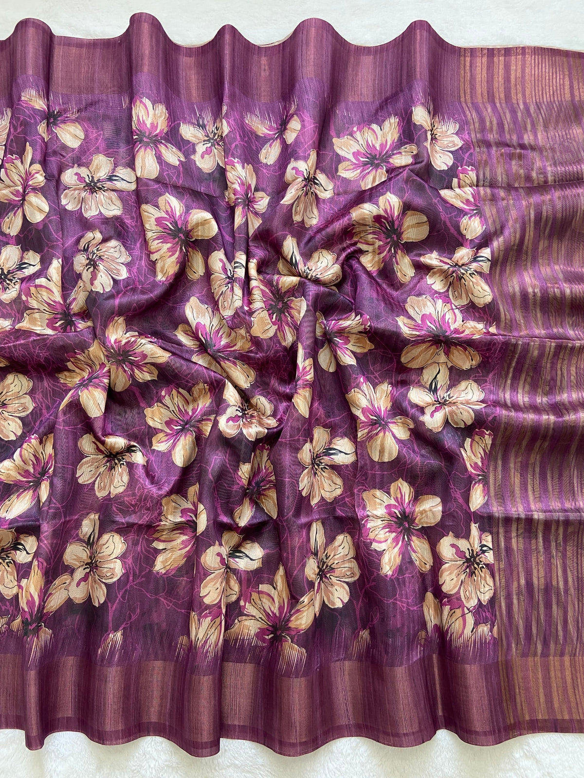 Plum Tussar Silk Blossom Print Saree, view 2