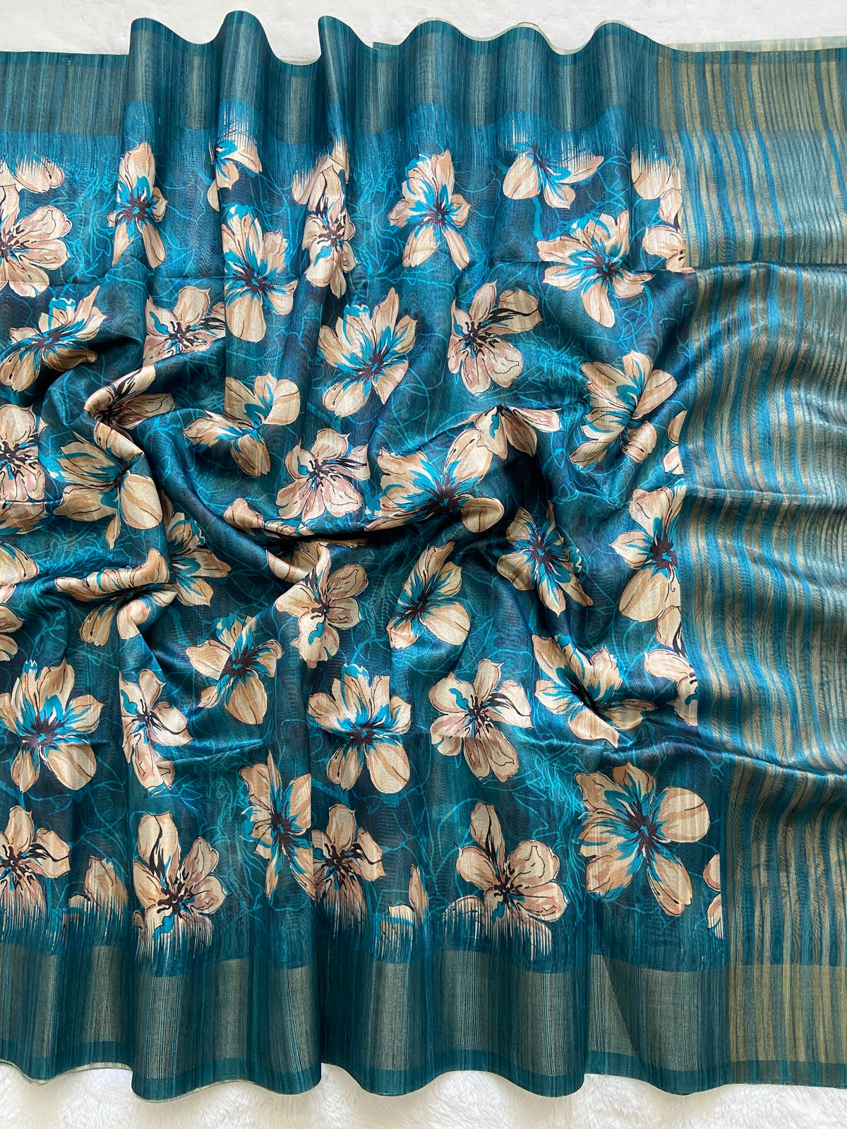Teal Blue Tussar Silk Blossom Print Saree, view 2