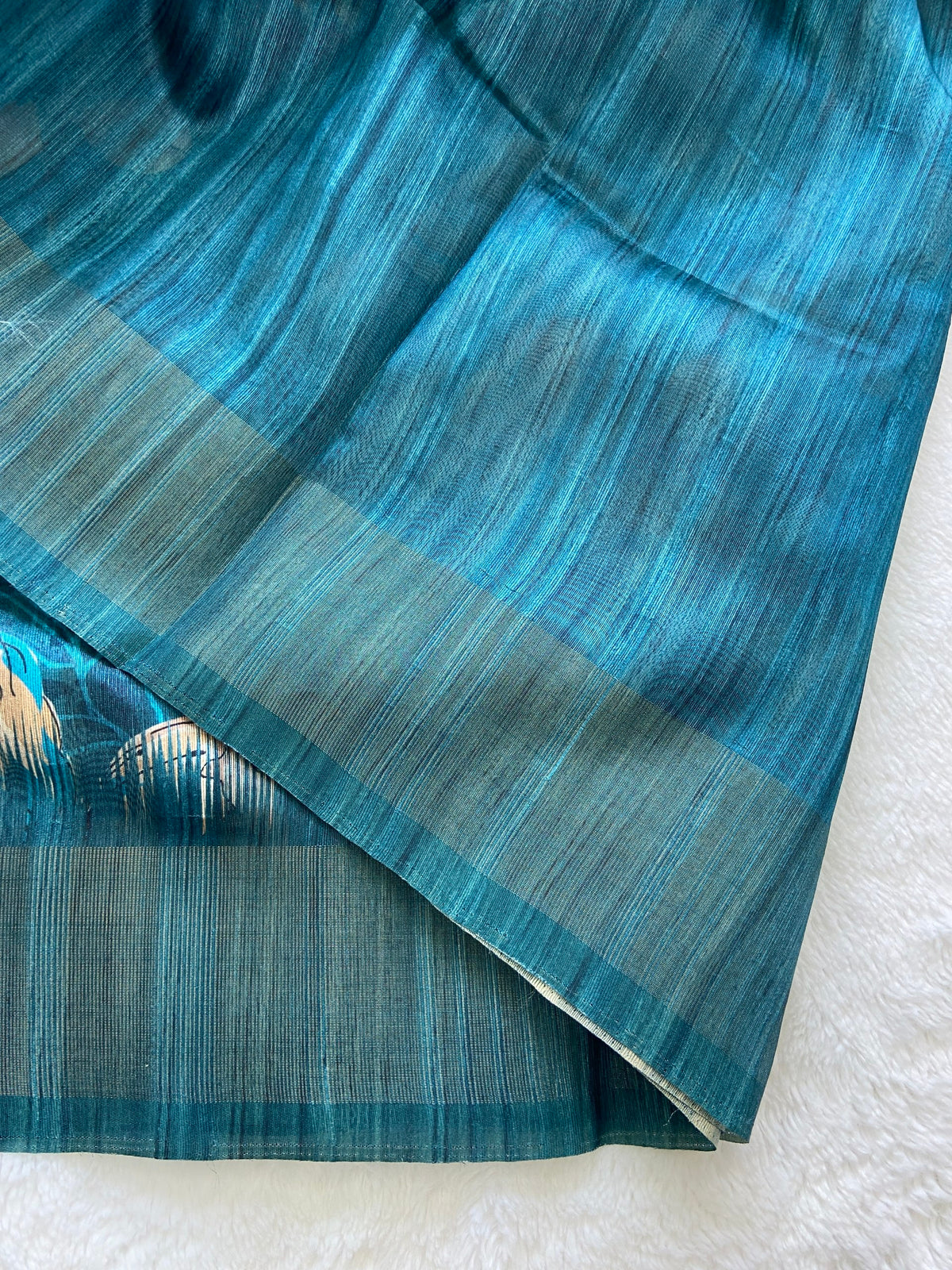Teal Blue Tussar Silk Blossom Print Saree, view 3