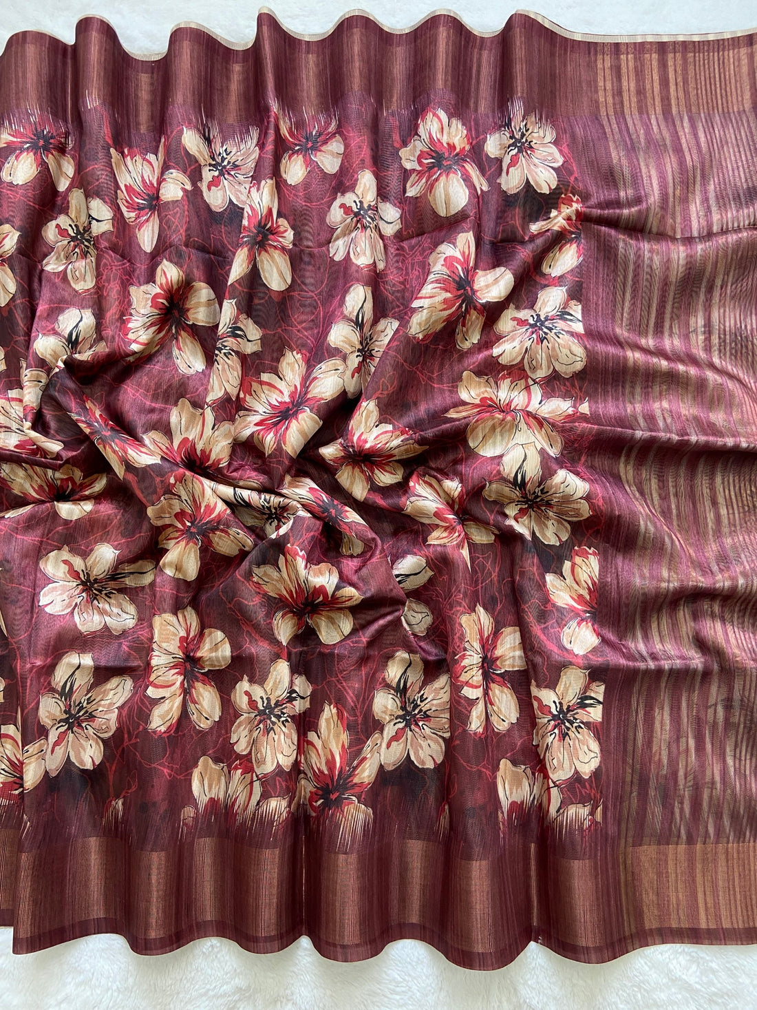 Maroon Tussar Silk Blossom Print Saree