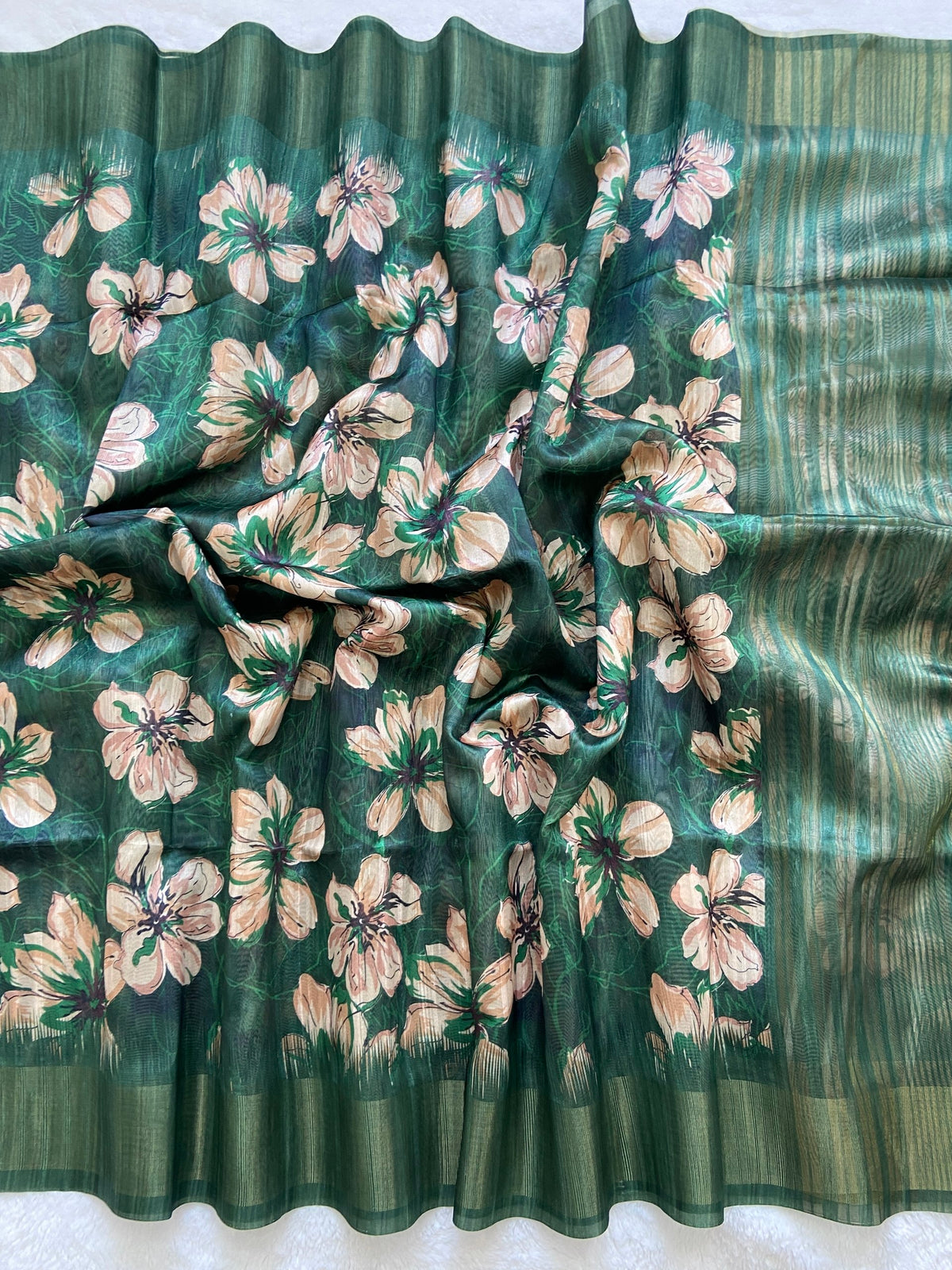 Bottle Green Tussar Silk Blossom Print Saree, view 2