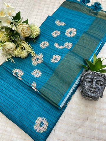 Blue Tussar Silk Dot Print Saree