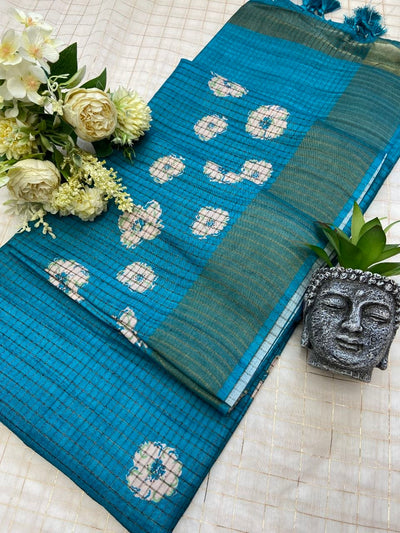 Blue Tussar Silk Dot Print Saree