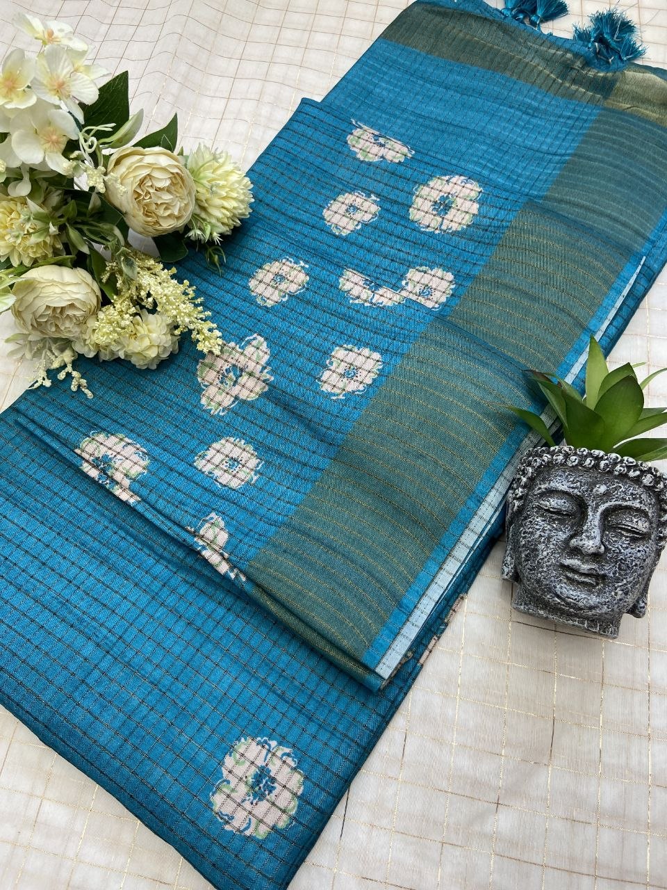 Blue Tussar Silk Dot Print Saree