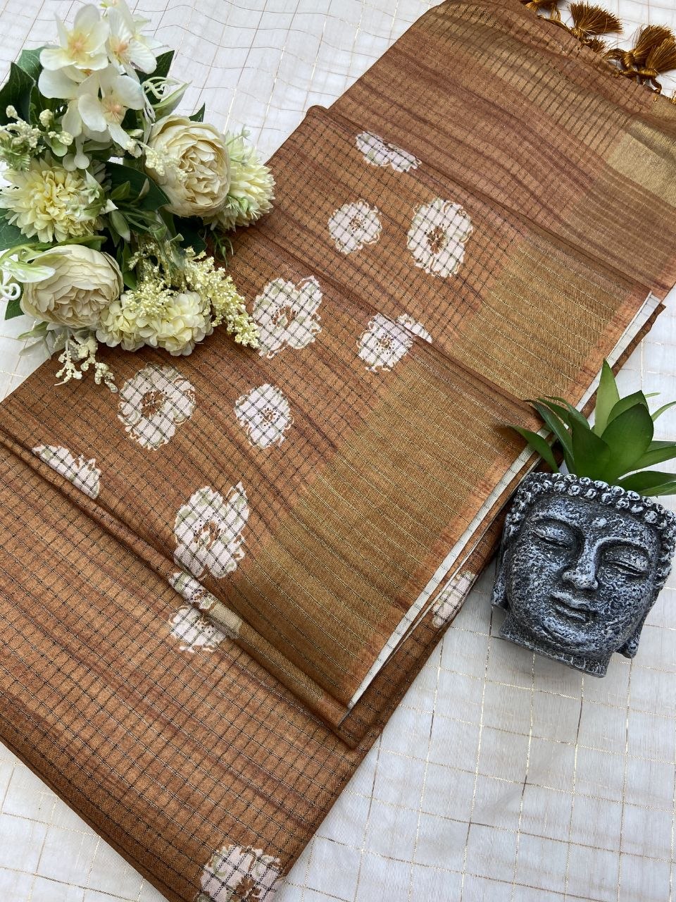 Brown Tussar Silk Dot Print Saree