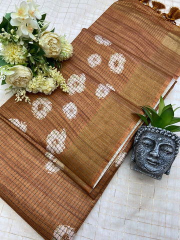Brown Tussar Silk Dot Print Saree