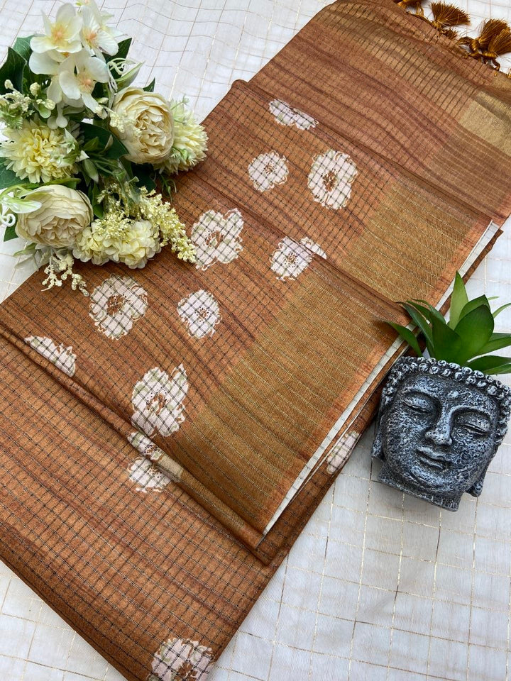 Brown Tussar Silk Dot Print Saree