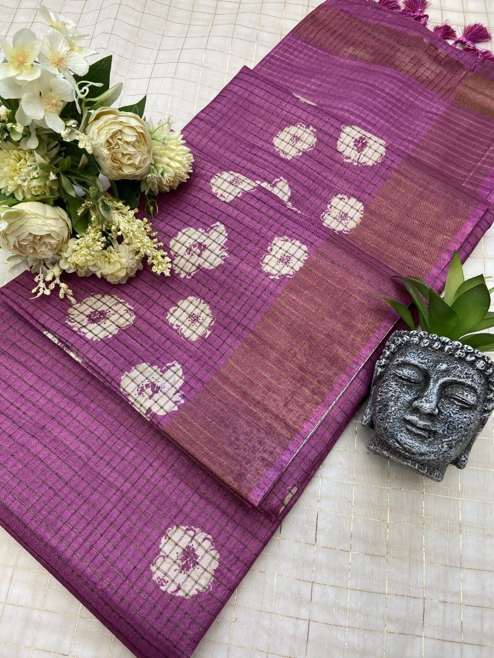 Magenta Tussar Silk Dot Print Saree