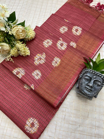 Brick Red Tussar Silk Dot Print Saree
