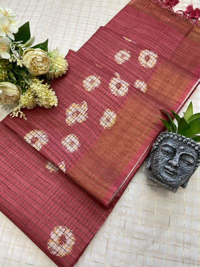 Brick Red Tussar Silk Dot Print Saree