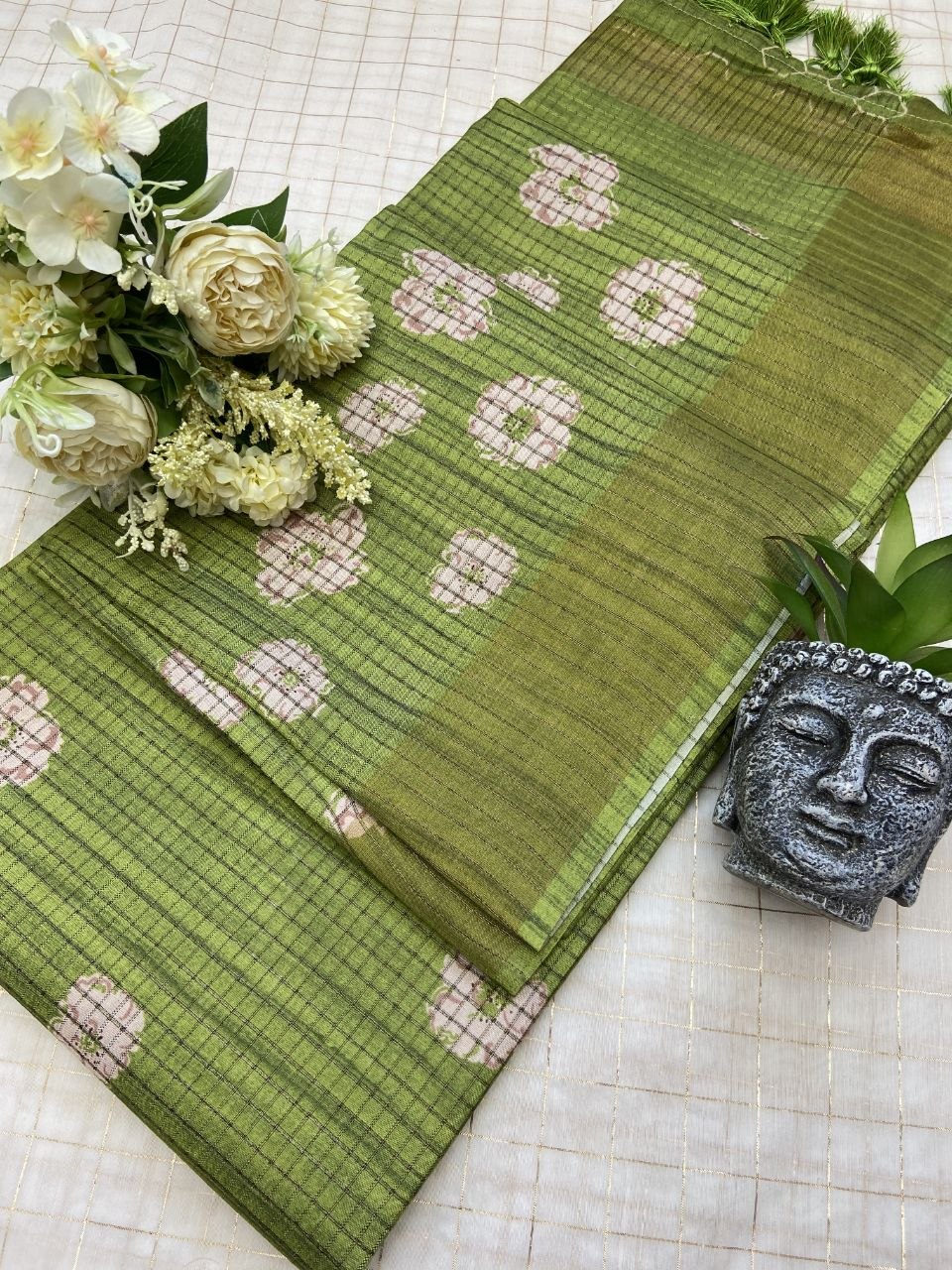 Parrot Green Tussar Silk Dot Print Saree