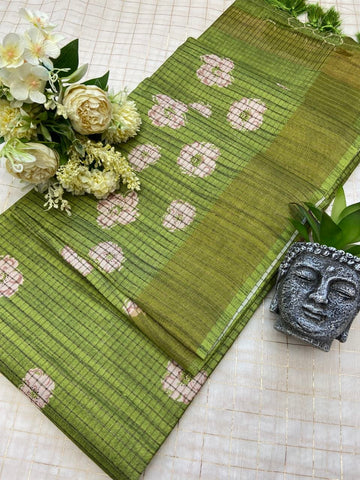 Parrot Green Tussar Silk Dot Print Saree