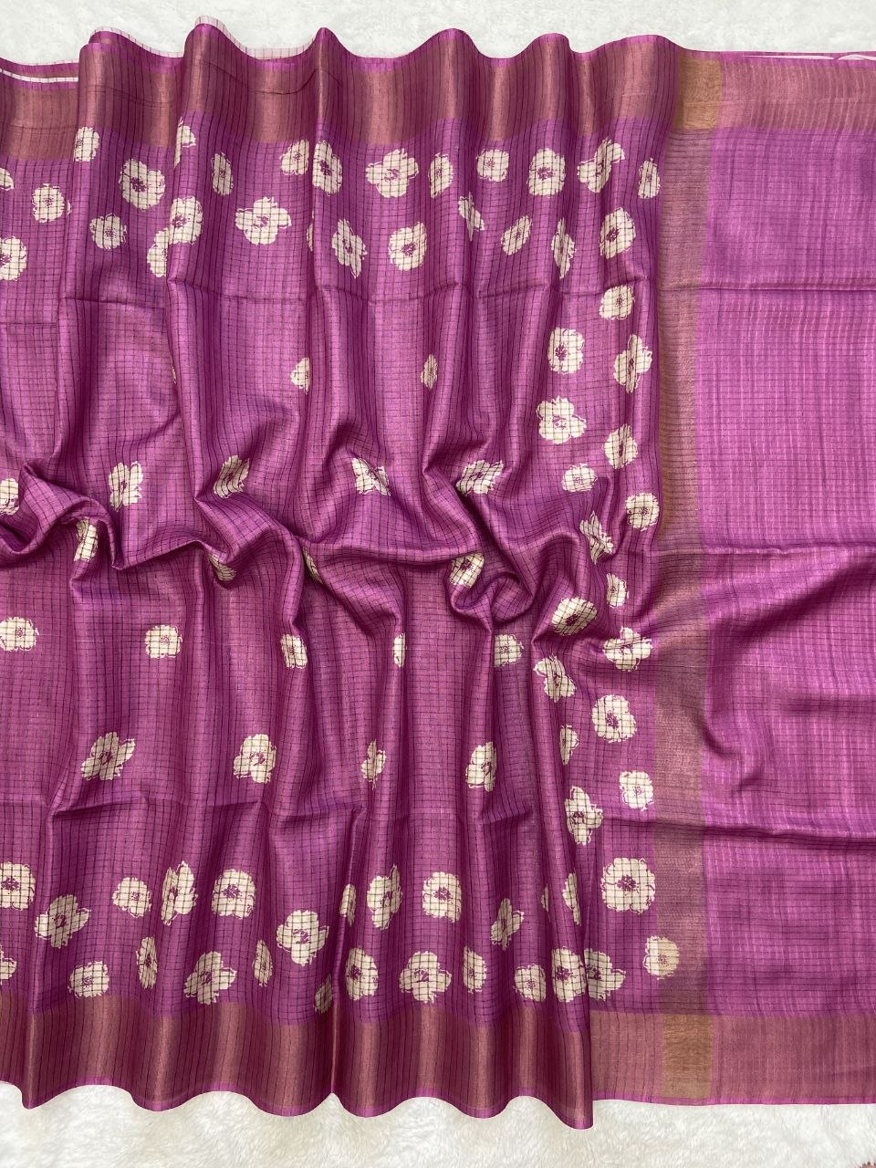 Magenta Tussar Silk Dot Print Saree