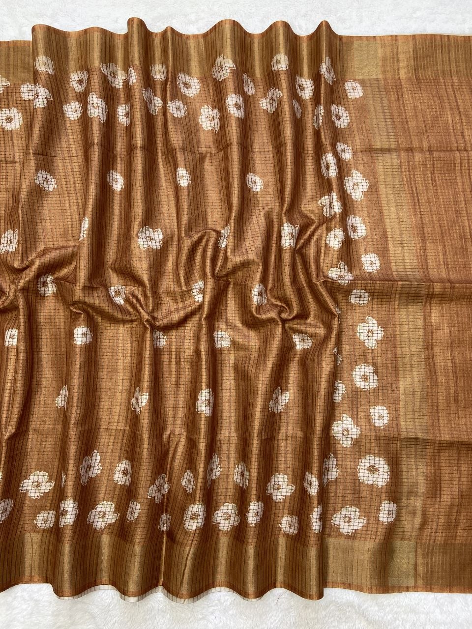 Brown Tussar Silk Dot Print Saree