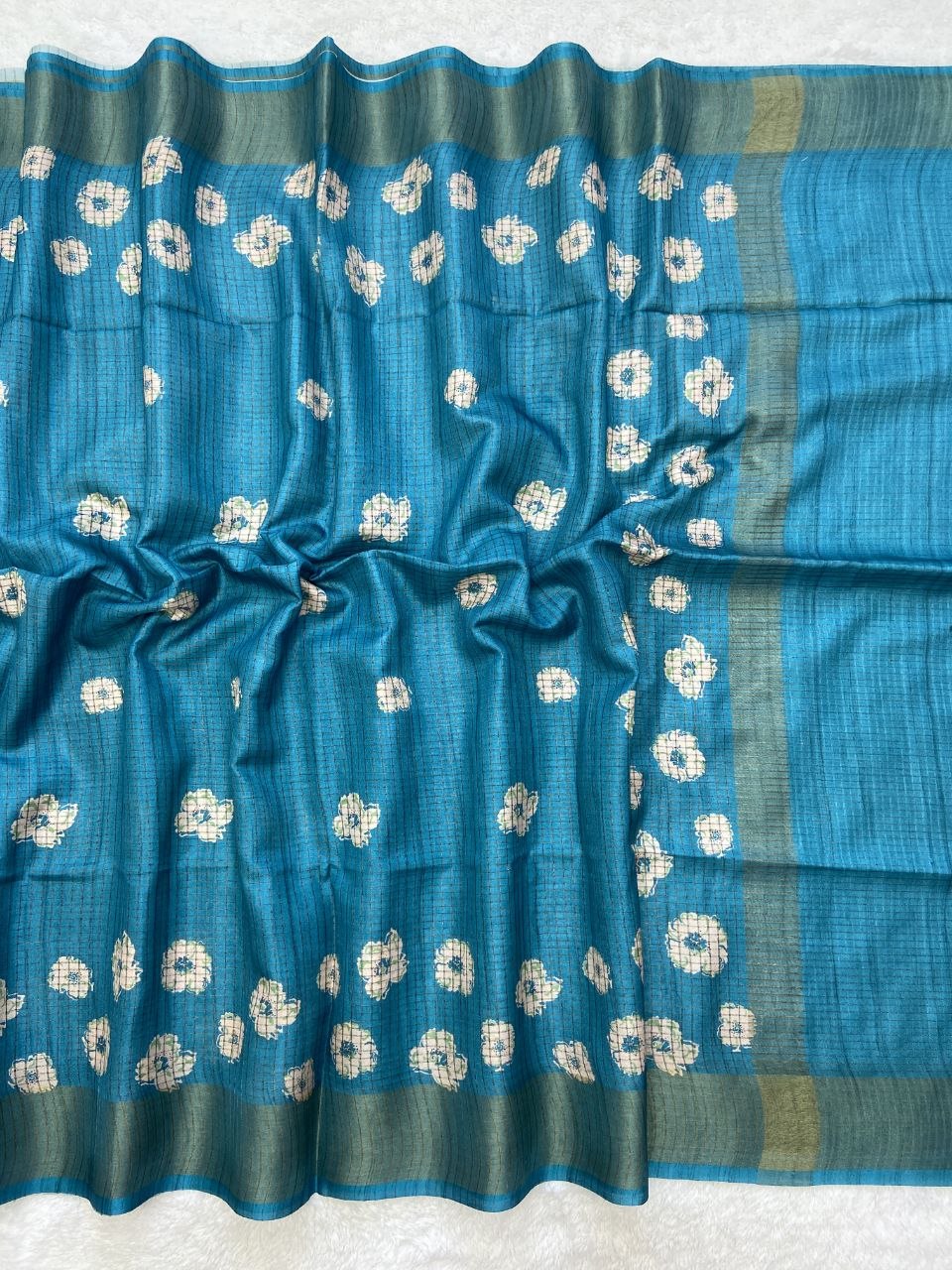 Blue Tussar Silk Dot Print Saree, view 2