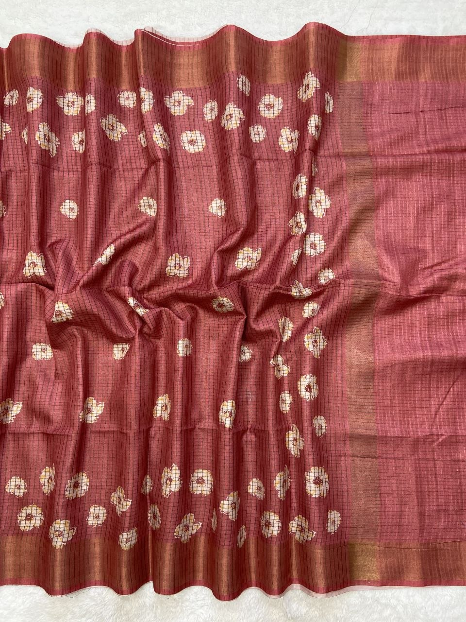 Brick Red Tussar Silk Dot Print Saree, view 2