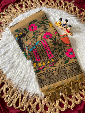 Beige Muga Cotton Kalamkari Pallu Saree