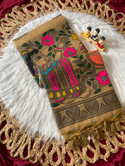 Beige Muga Cotton Kalamkari Pallu Saree