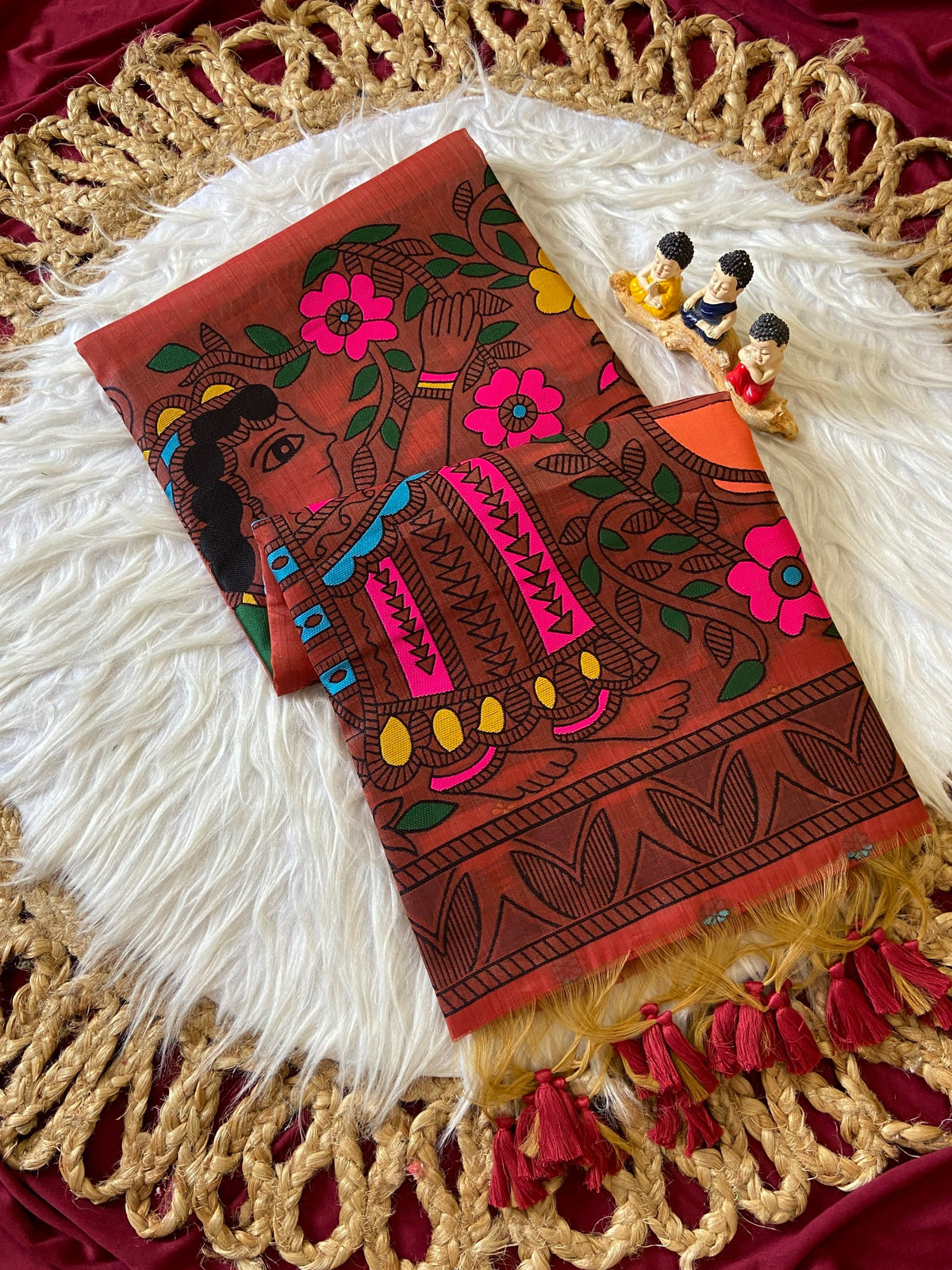 Rust Red Muga Cotton Kalamkari Pallu Saree