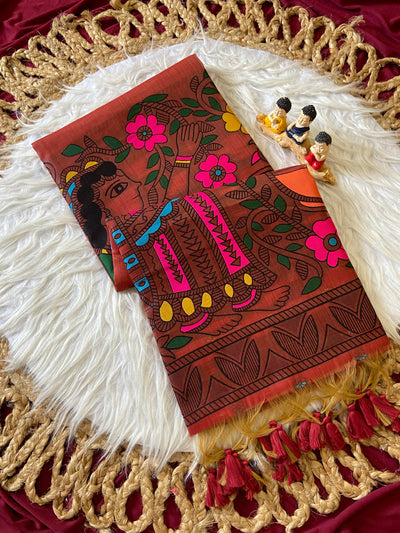 Rust Red Muga Cotton Kalamkari Pallu Saree