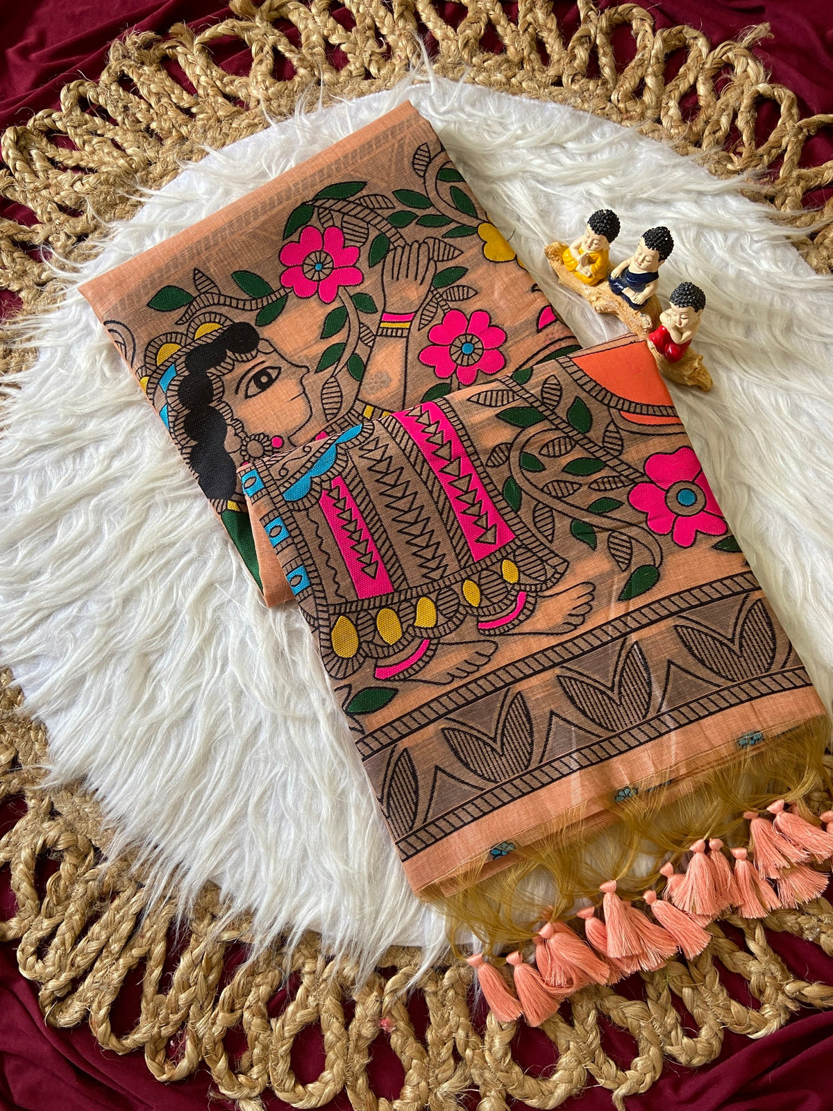 Peach Muga Cotton Kalamkari Pallu Saree