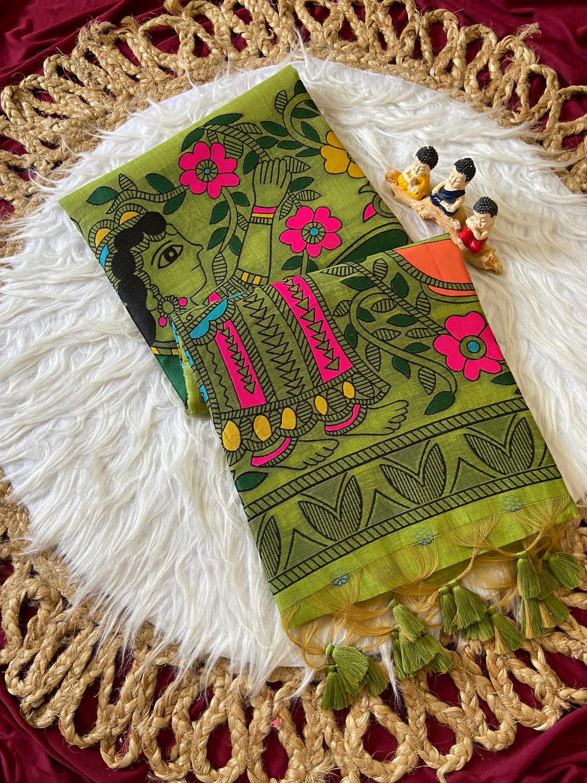 Parrot Green Muga Cotton Kalamkari Pallu Saree
