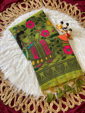 Parrot Green Muga Cotton Kalamkari Pallu Saree