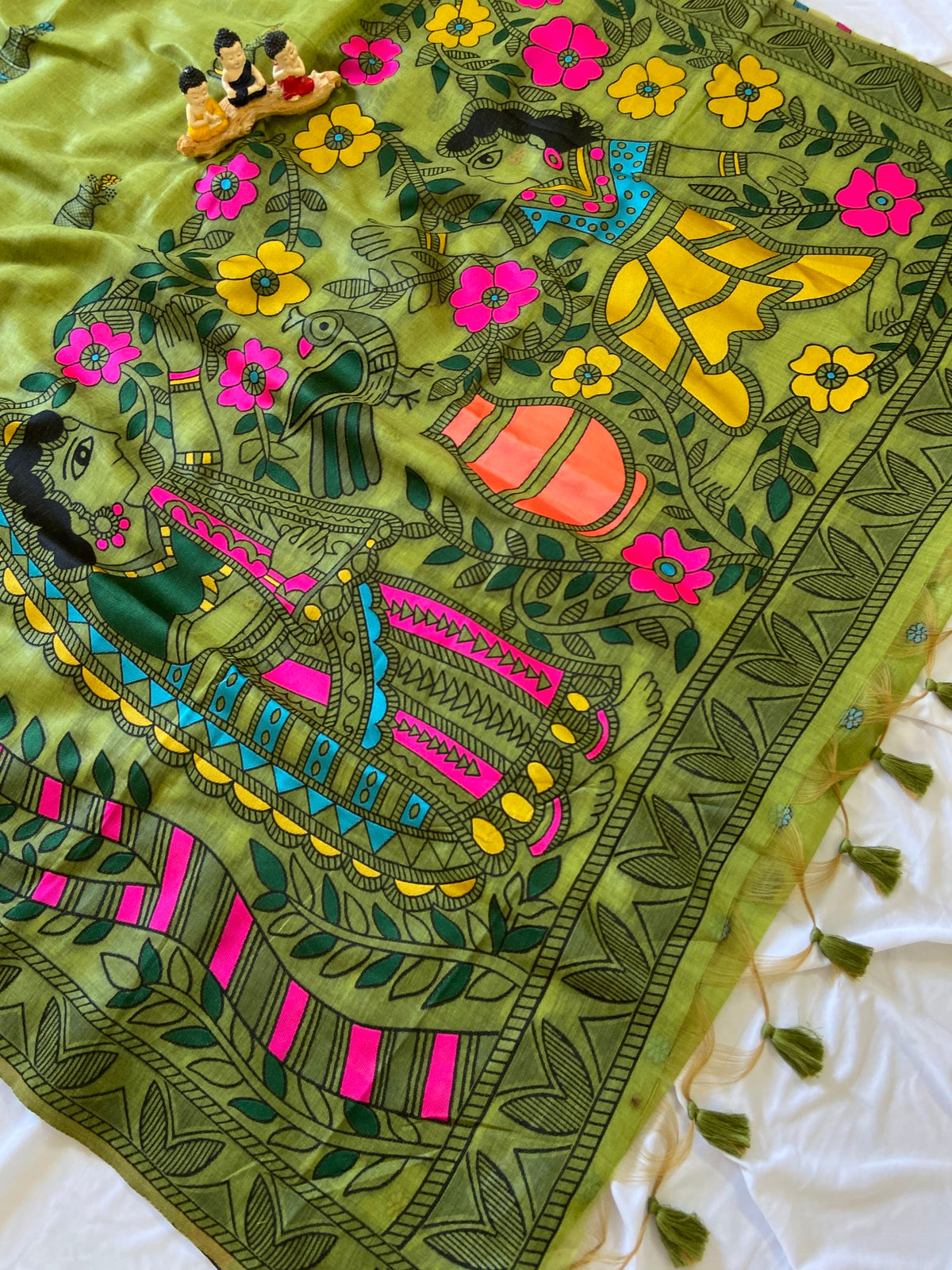 Parrot Green Muga Cotton Kalamkari Pallu Saree, view 2