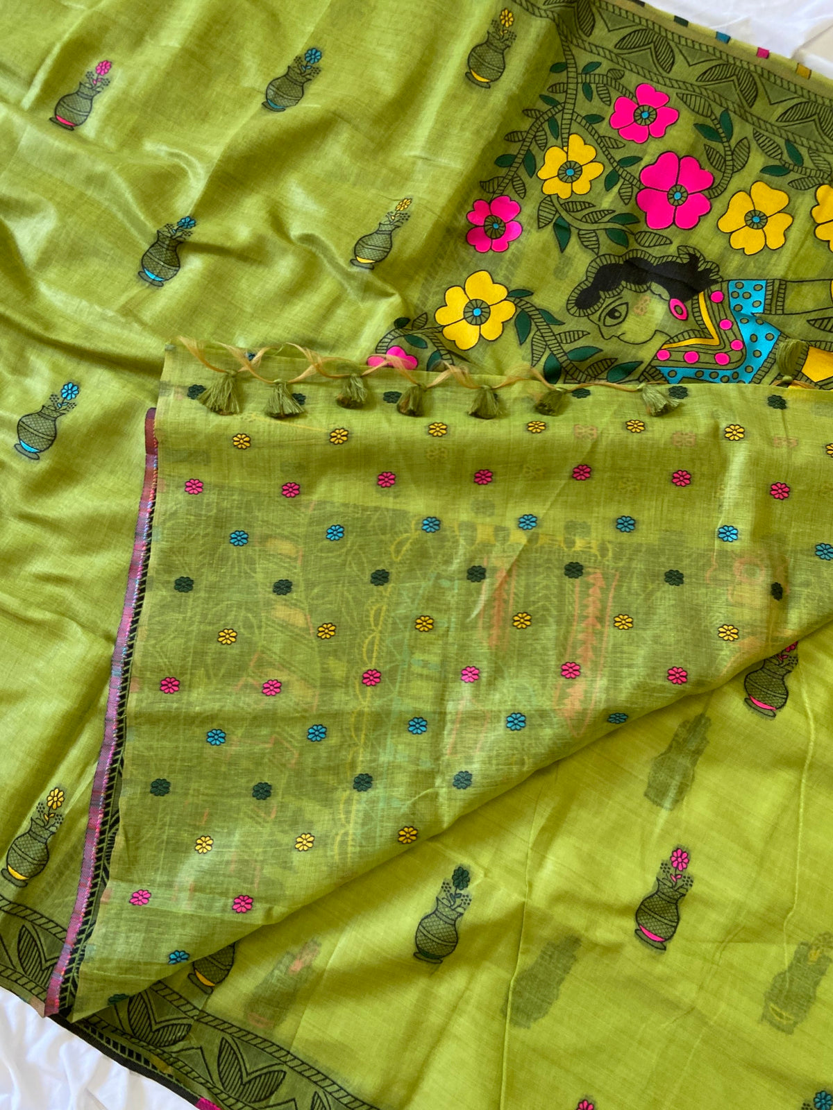 Parrot Green Muga Cotton Kalamkari Pallu Saree, view 5
