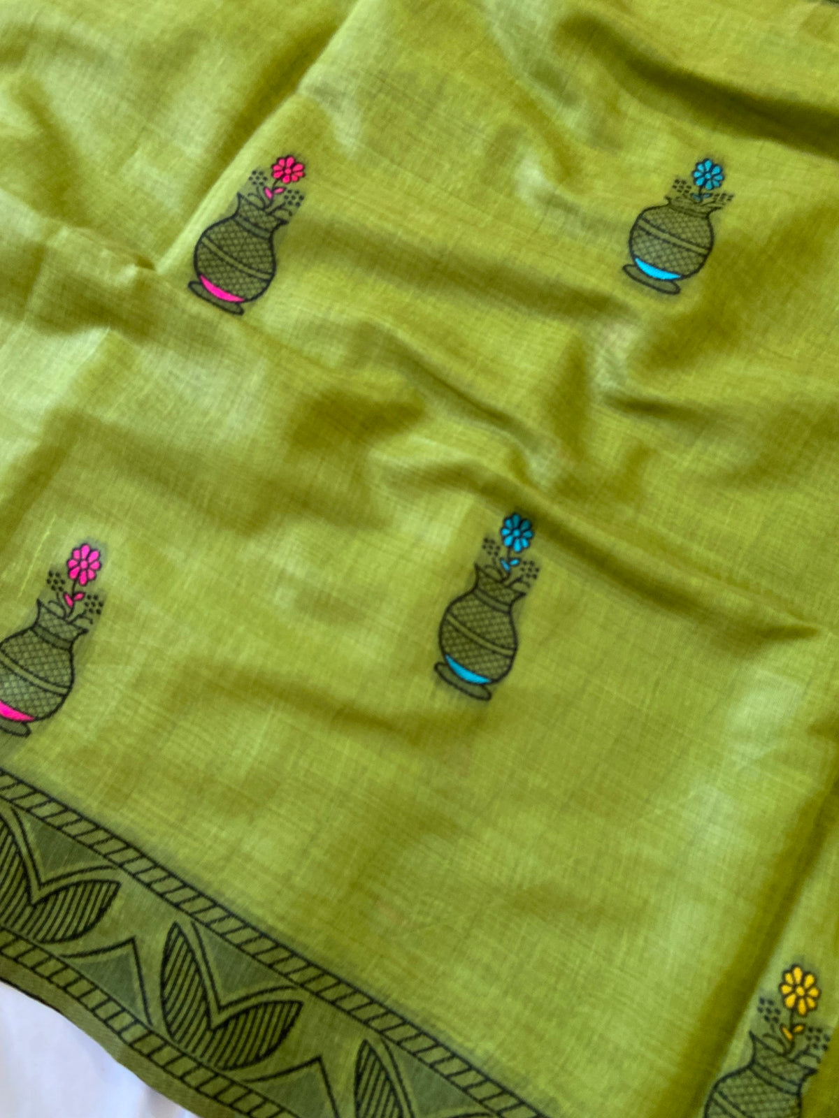 Parrot Green Muga Cotton Kalamkari Pallu Saree, view 3