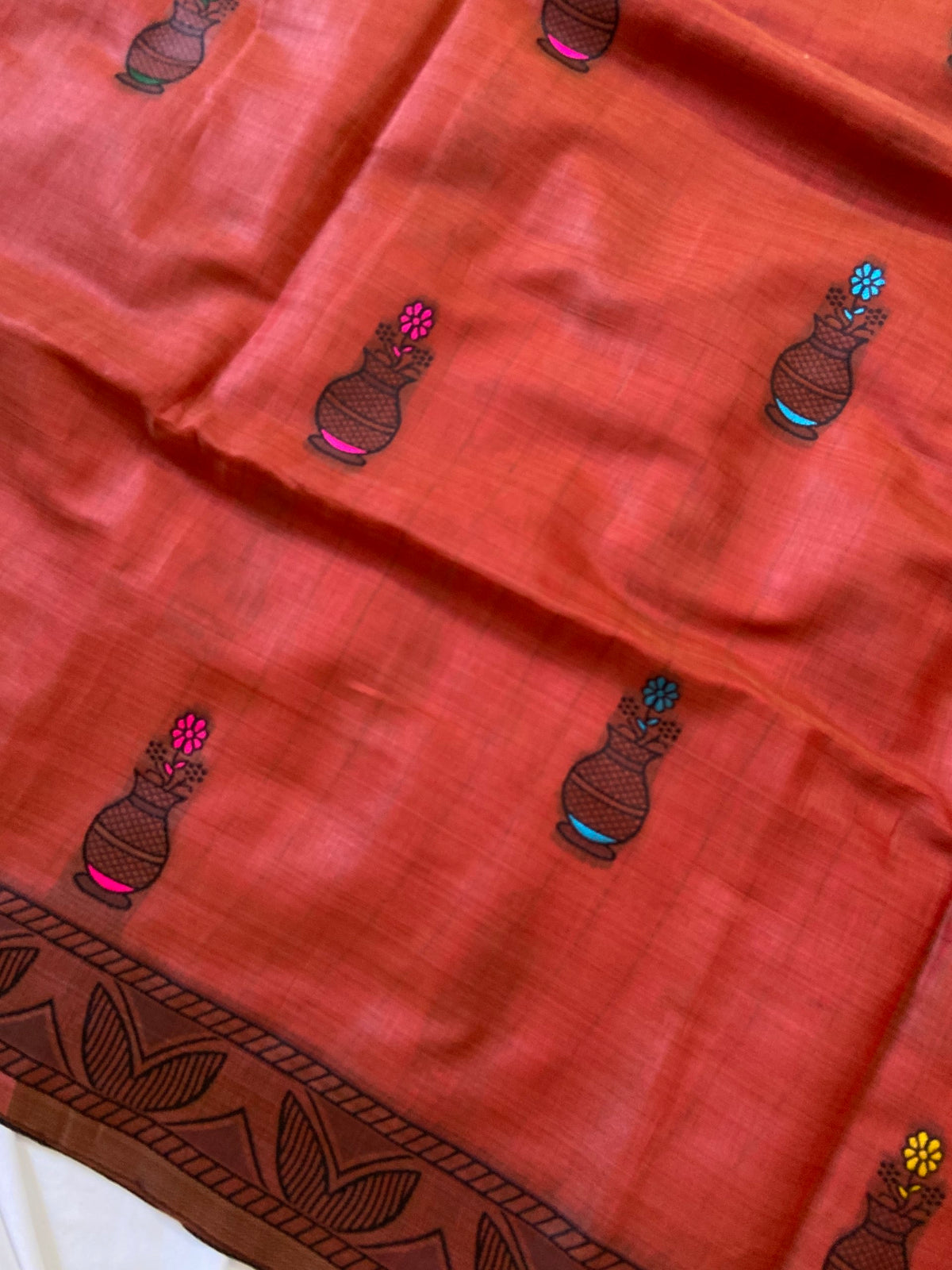 Rust Red Muga Cotton Kalamkari Pallu Saree, view 2