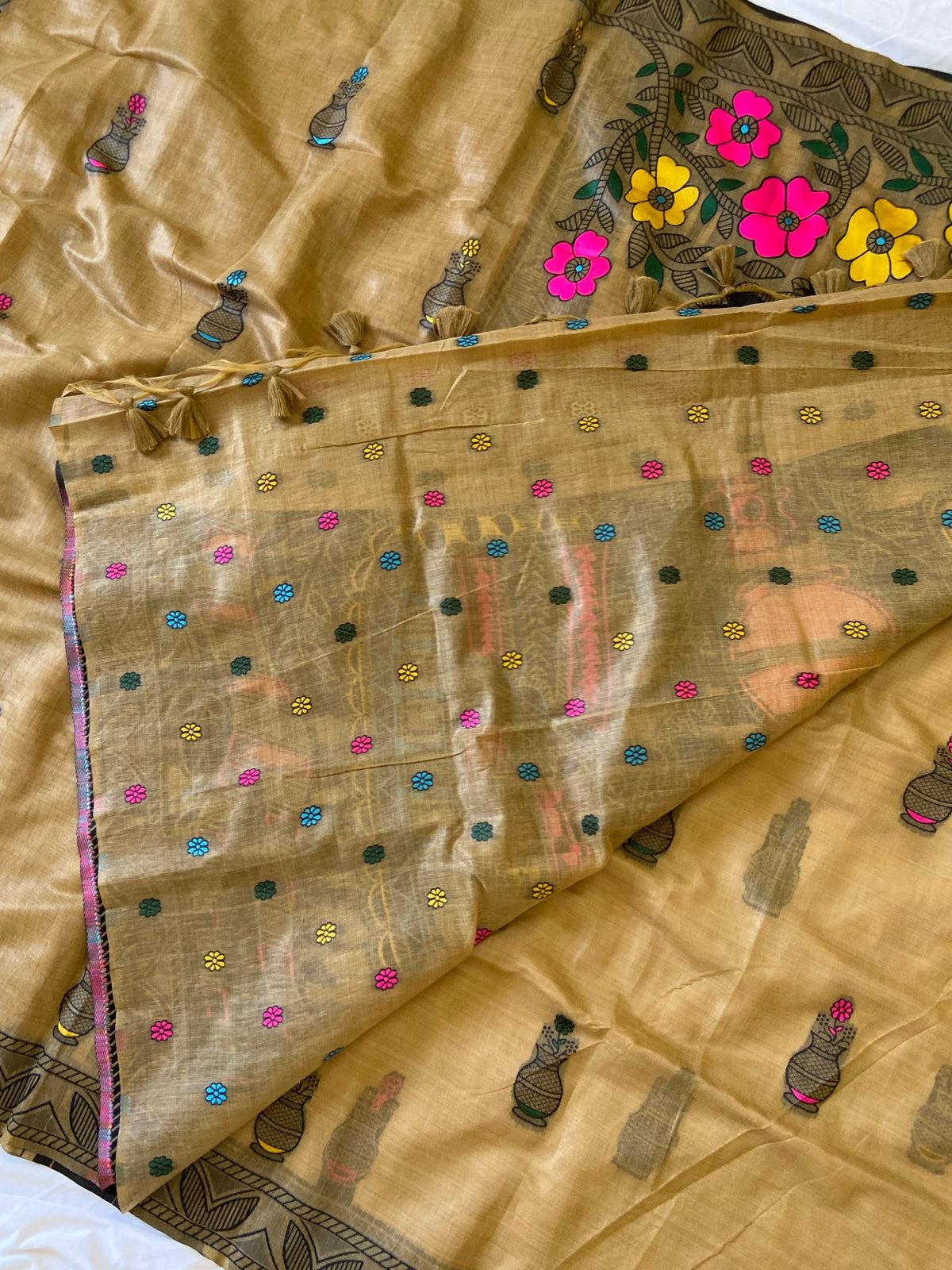 Beige Muga Cotton Kalamkari Pallu Saree, view 4