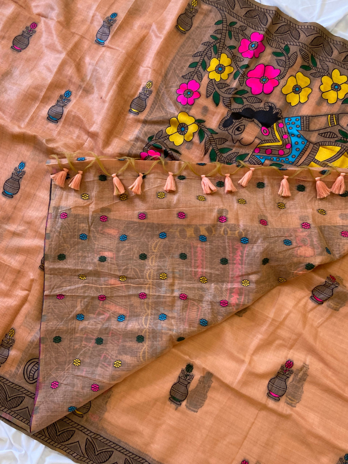 Peach Muga Cotton Kalamkari Pallu Saree, view 4