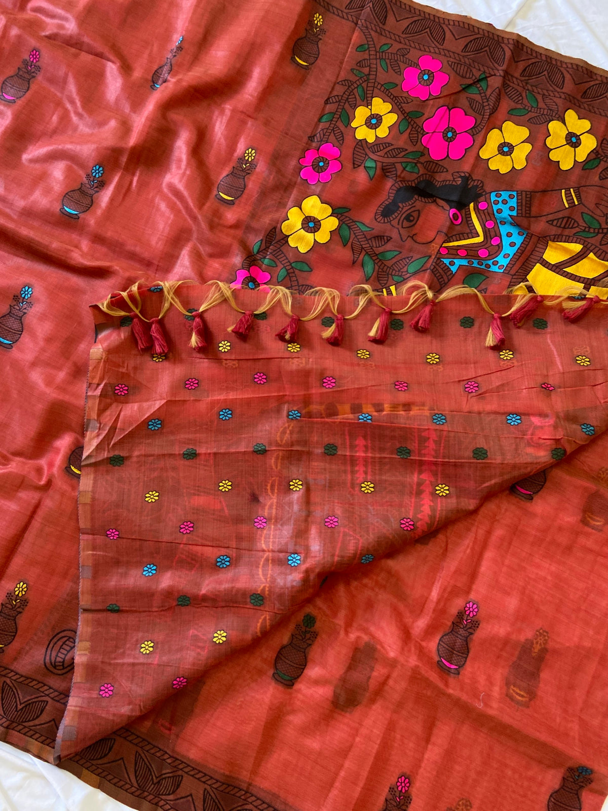 Rust Red Muga Cotton Kalamkari Pallu Saree, view 3