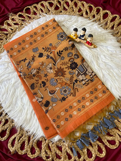 Orange Muga Cotton Paithani Elephant Pallu Saree