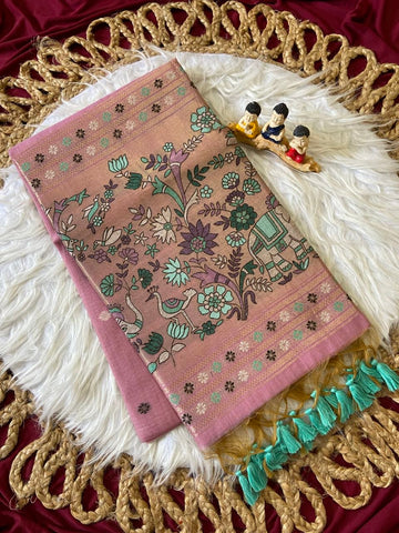 Lilac Pink Muga Cotton Paithani Elephant Pallu Saree
