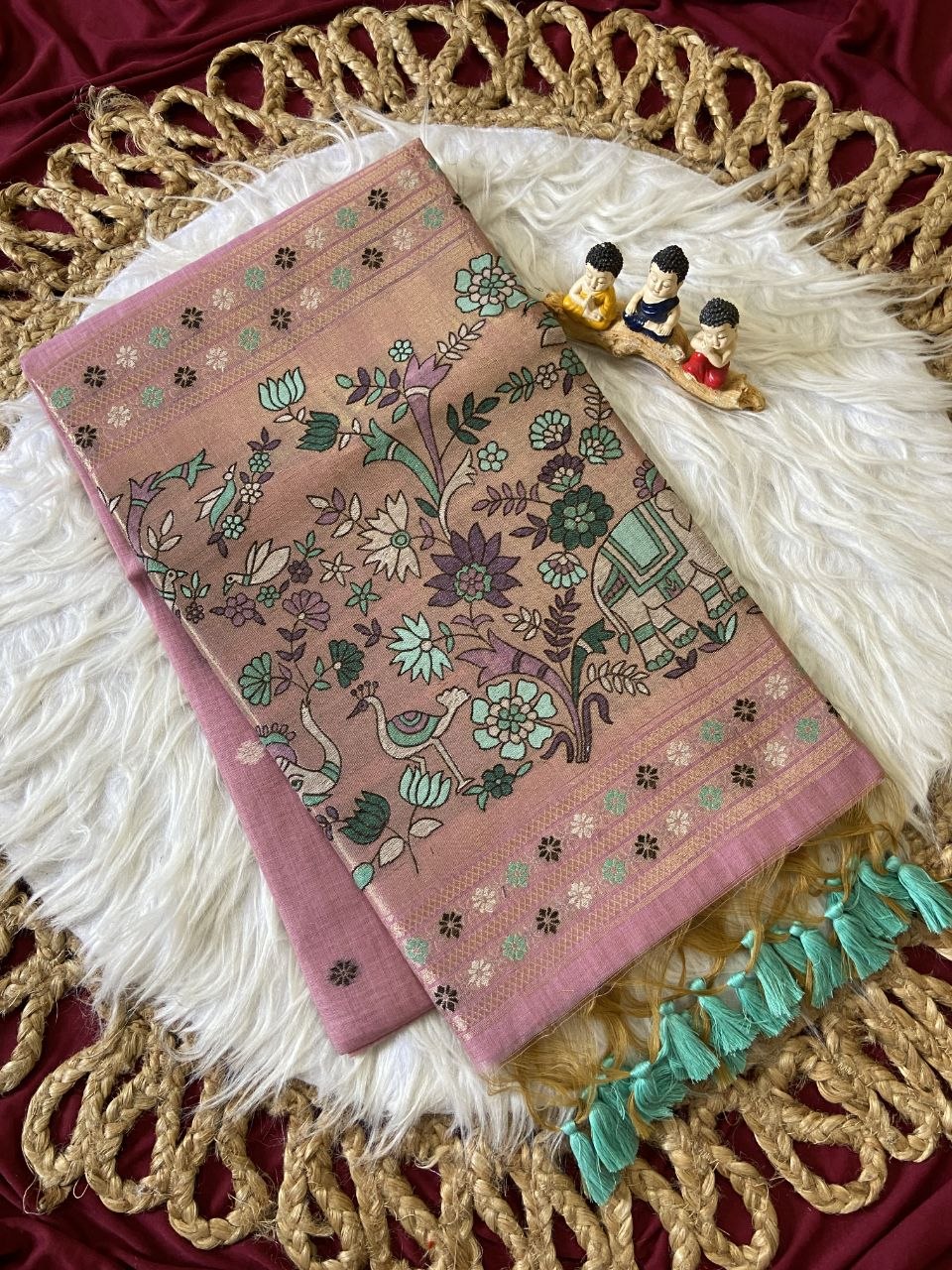 Lilac Pink Muga Cotton Paithani Elephant Pallu Saree