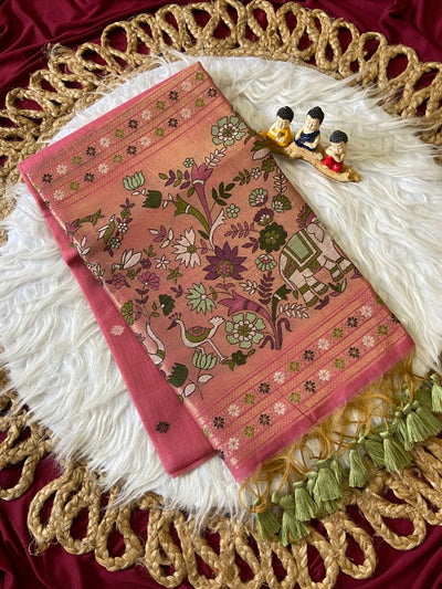 Rose Pink Muga Cotton Paithani Elephant Pallu Saree
