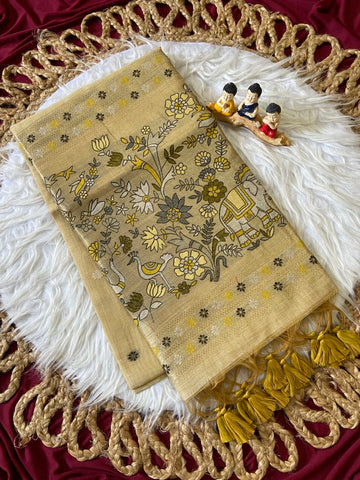 Beige Muga Cotton Paithani Elephant Pallu Saree