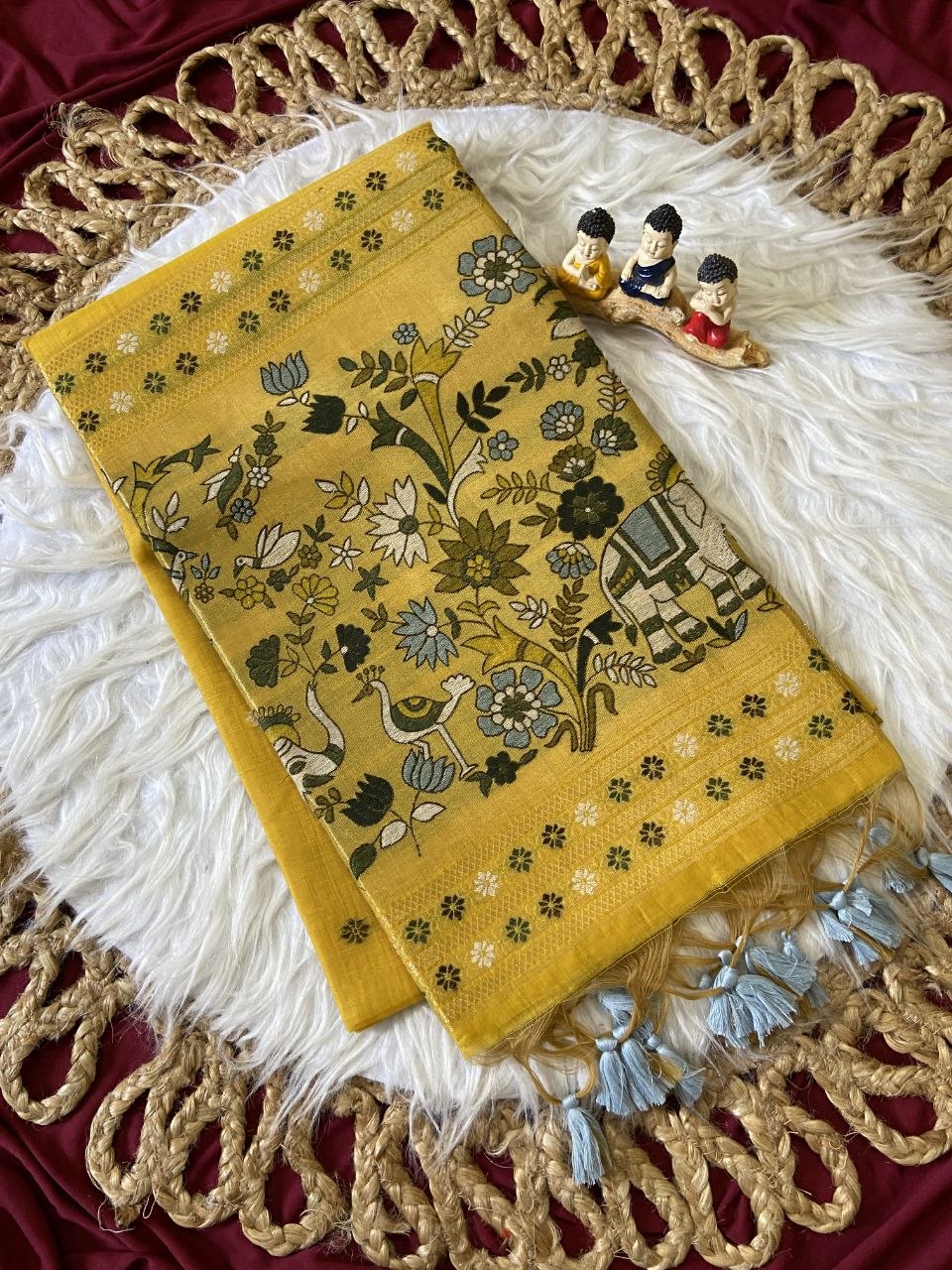 Mustard Muga Cotton Paithani Elephant Pallu Saree