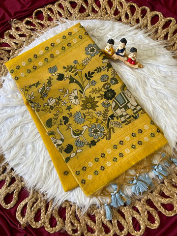 Mustard Muga Cotton Paithani Elephant Pallu Saree